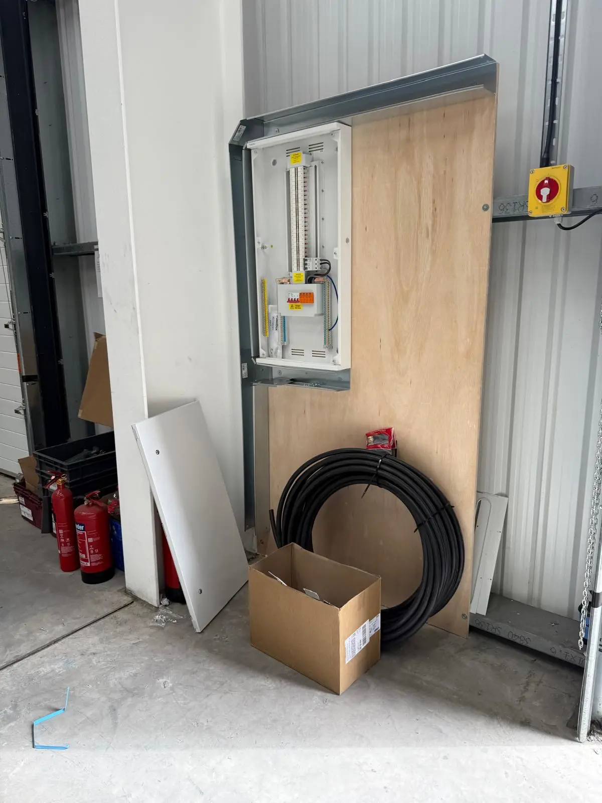 3-phase consumer unit installation in progress at a commercial warehouse in Cheshire