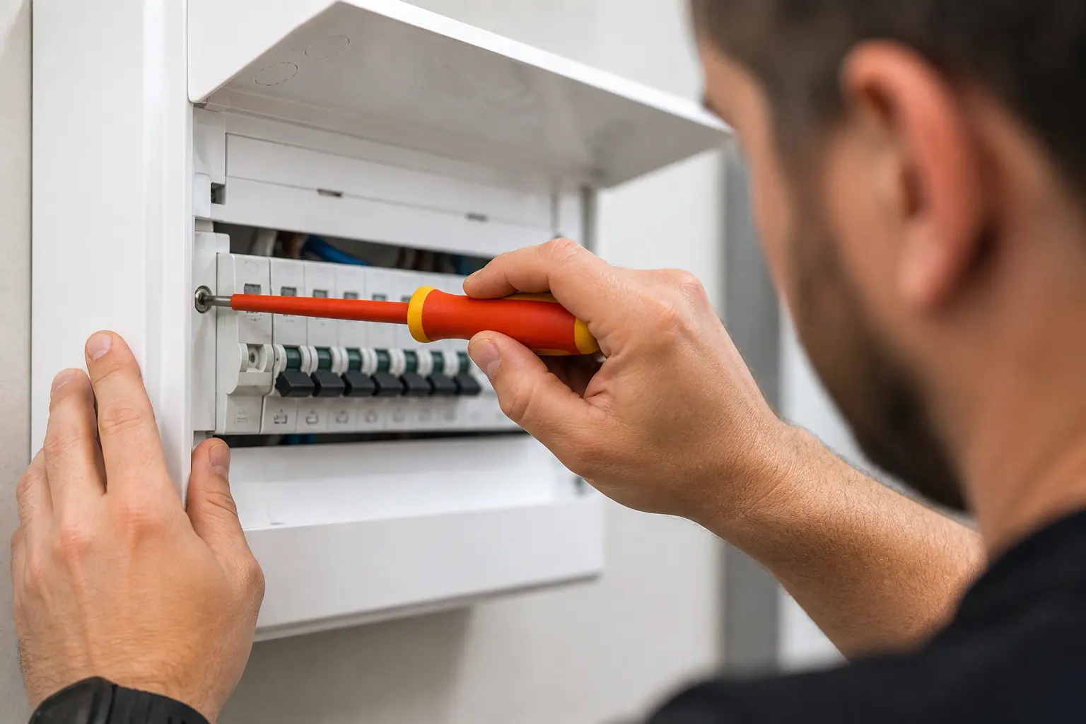 Portcullis Power electrician upgrading a consumer unit in a Crewe rental property