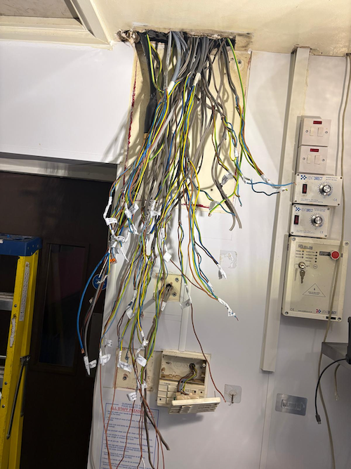 Overhead cabling and wiring at Joules Brewery, Offley Arms Madeley, before electrical works by Portcullis Power Solutions