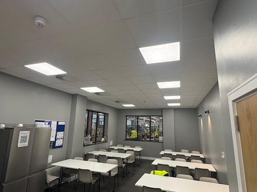 LED lighting installed in staff canteen and welfare area at PackagingOne warehouse Middlewich