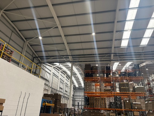 Completed high bay LED lighting arrays at PackagingOne Middlewich warehouse