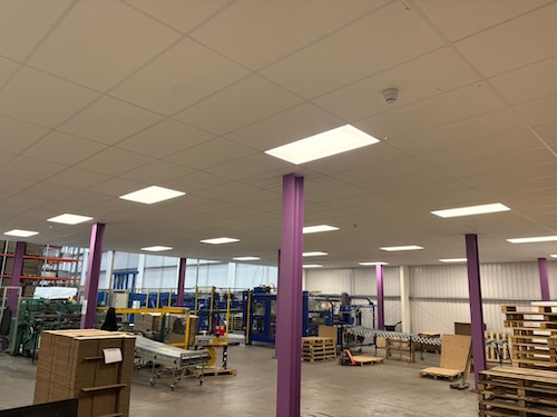 LED lighting system being installed at PackagingOne warehouse in Middlewich